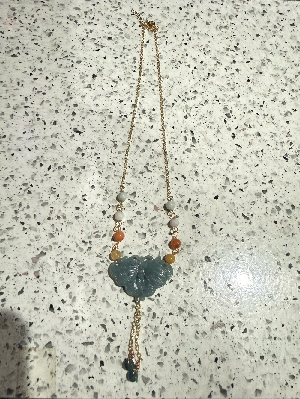 Guatemalan Blue Jadeite Carved Butterfly NecklaceοΌGold Plated ChainοΌMulti Beads